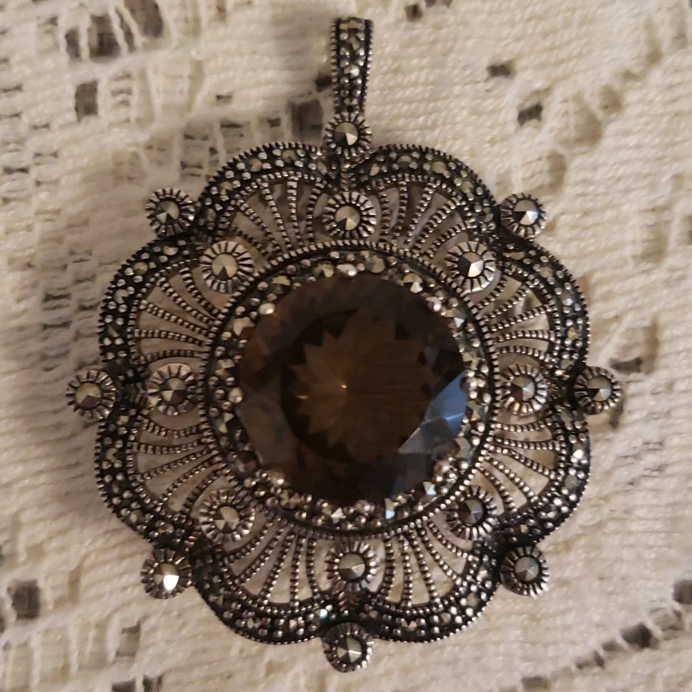 STUNNING Sterling Silver PENDANT BROOCH/PIN Smoky Quartz MARCASITE FILIGREE
